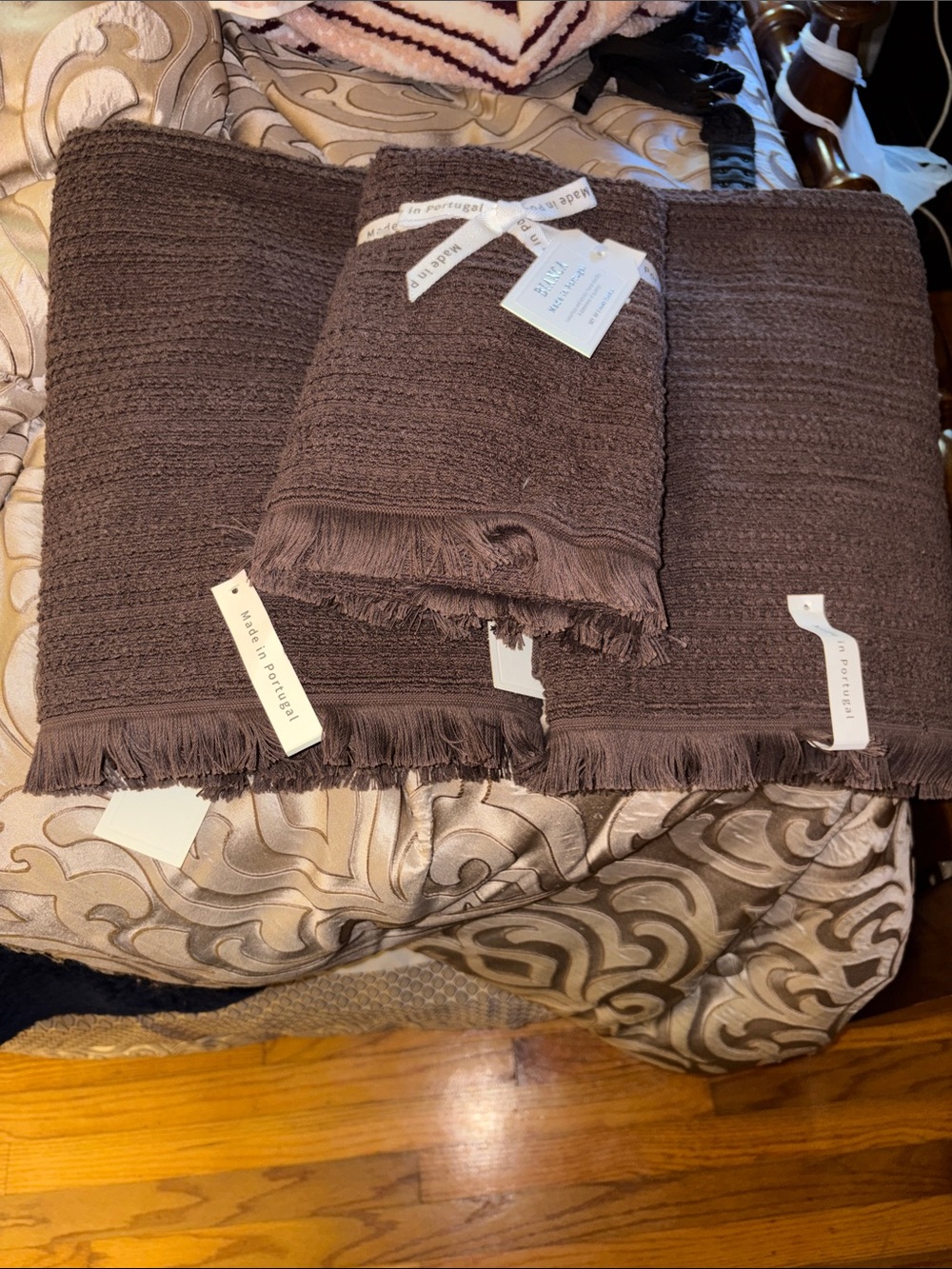 Bianca Made in Portugal Brown Cotton Fringe Bath and Hand Towel NWT